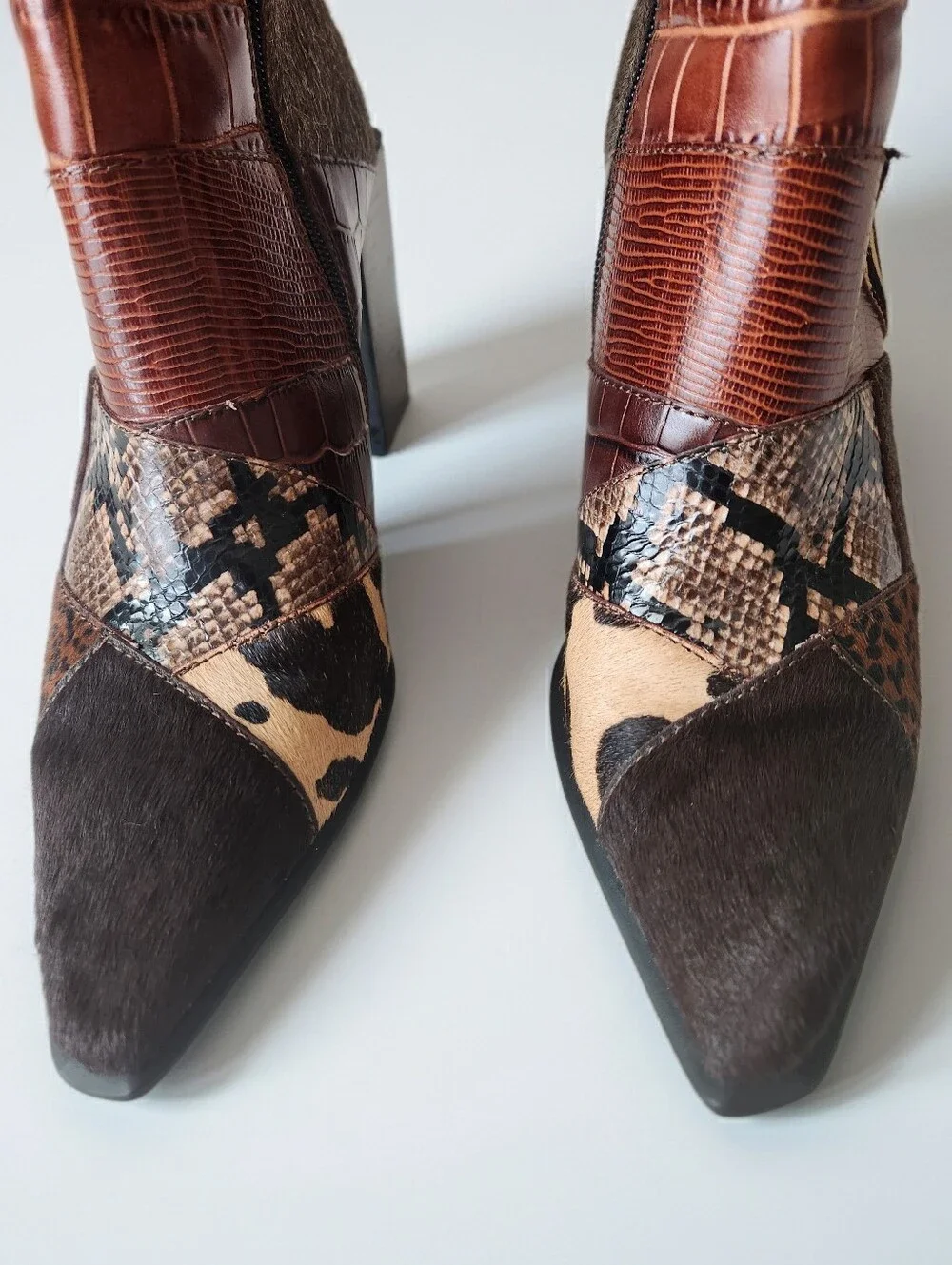 Jeffrey Campbell Caballeros La Siren Mixed Media Calf-hair Patchwork Boots 8.5